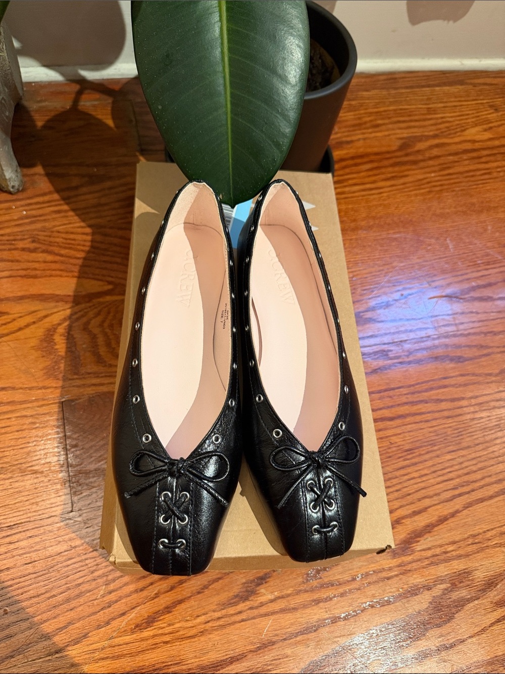 Brand New J. Crew Black Leather Grommet Ballet Flats